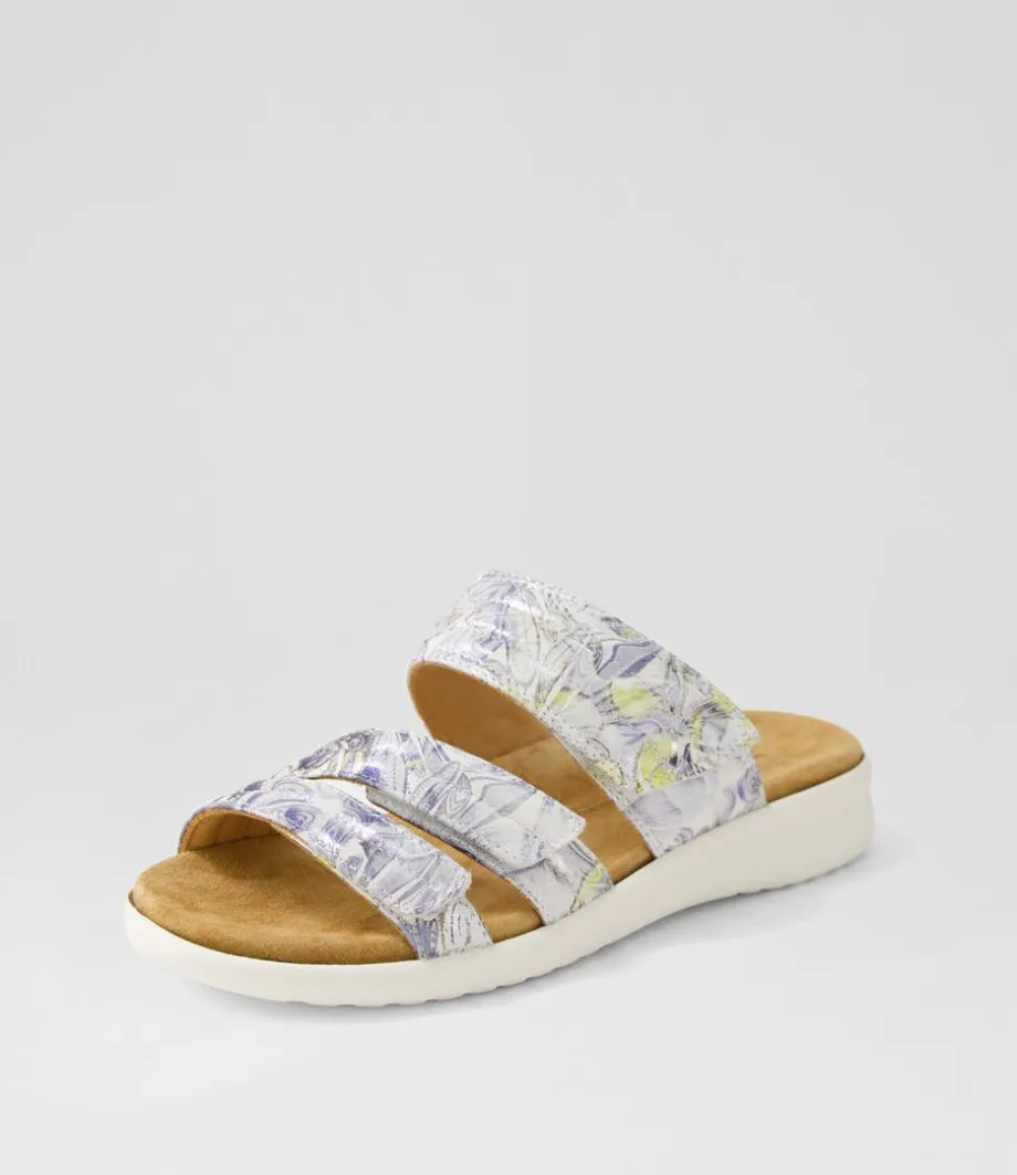 Barbra Xw Navy Silver Floral White Leather Slides<ZIERA Online