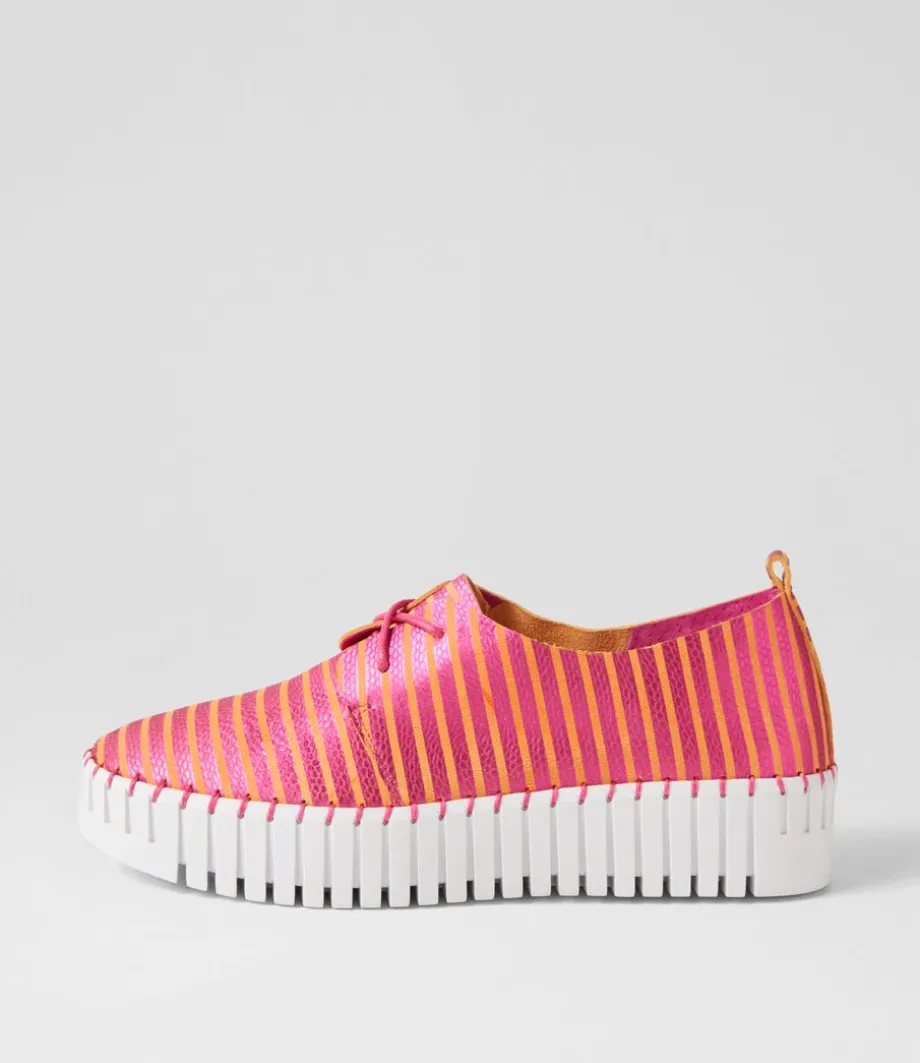 Brenda Fuchsia Orange Stripe Leather Sneakers<DJANGO & JULIETTE New