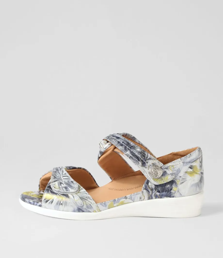 Doxie W Navy Silver Floral Leather Sandals<ZIERA Sale
