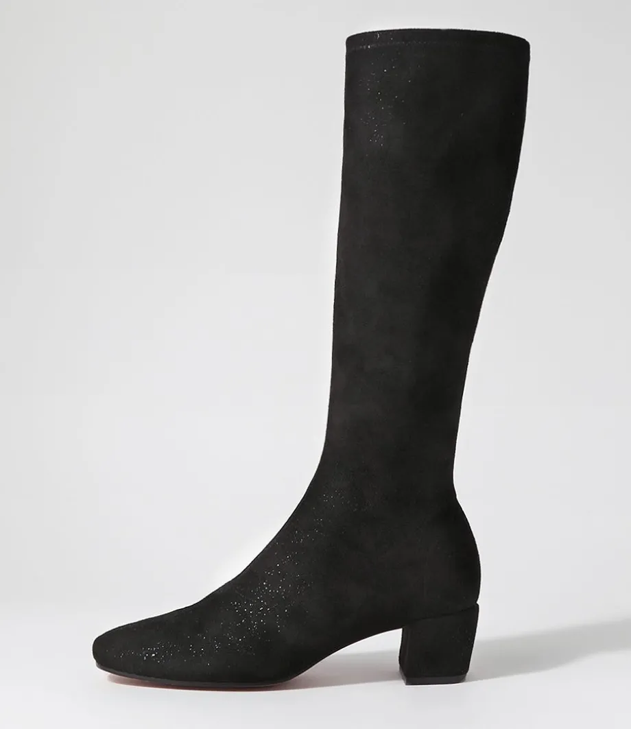 Hayleys Black Sparkle Stretch Microsuede Knee High Boots<DJANGO & JULIETTE Clearance