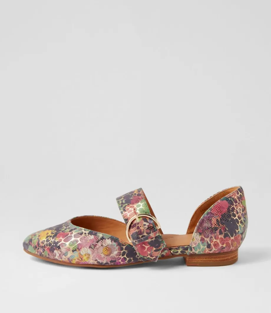 Loraa W Green Floral Leather Flat Shoes<ZIERA Best Sale