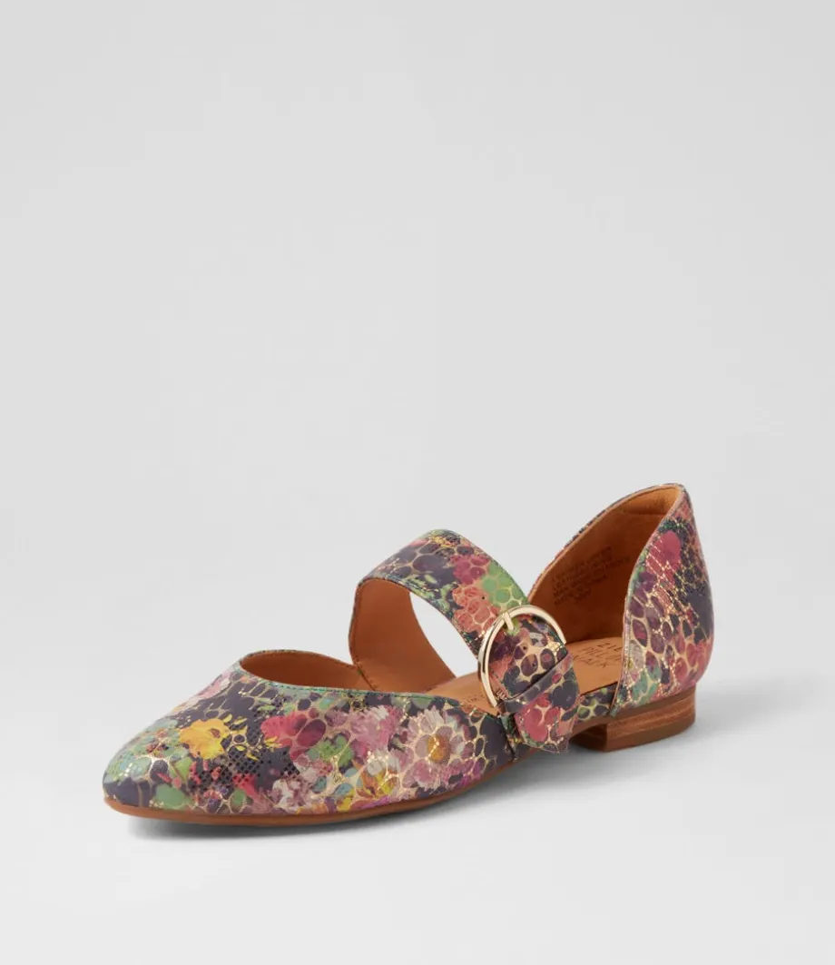 Loraa W Green Floral Leather Flat Shoes<ZIERA Best Sale