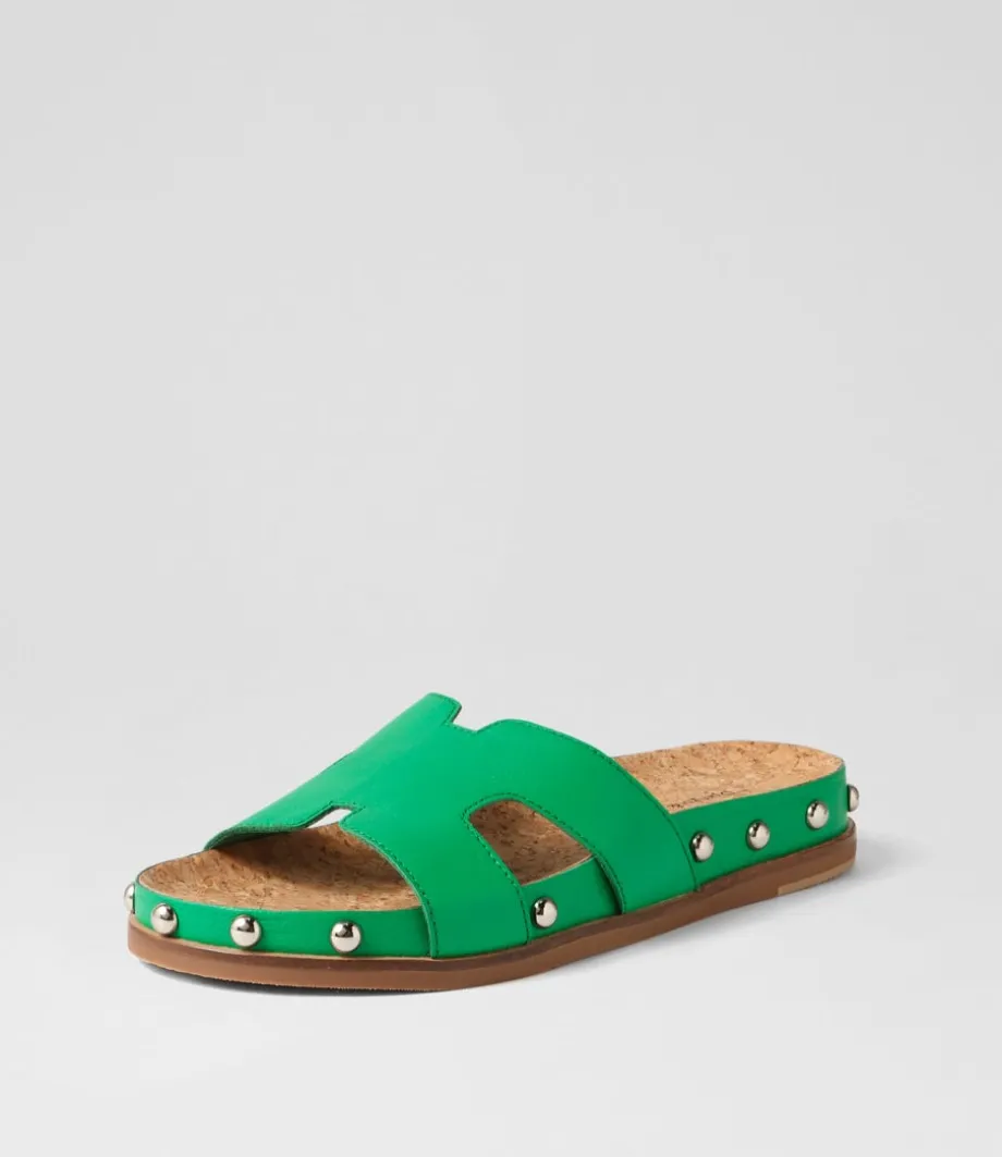 Quaden Bright Emerald Silver Leather Slides<DJANGO & JULIETTE Flash Sale