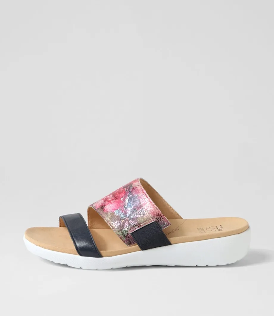 Uccoe W Navy Fuchsia Floral Leather Slides<ZIERA New