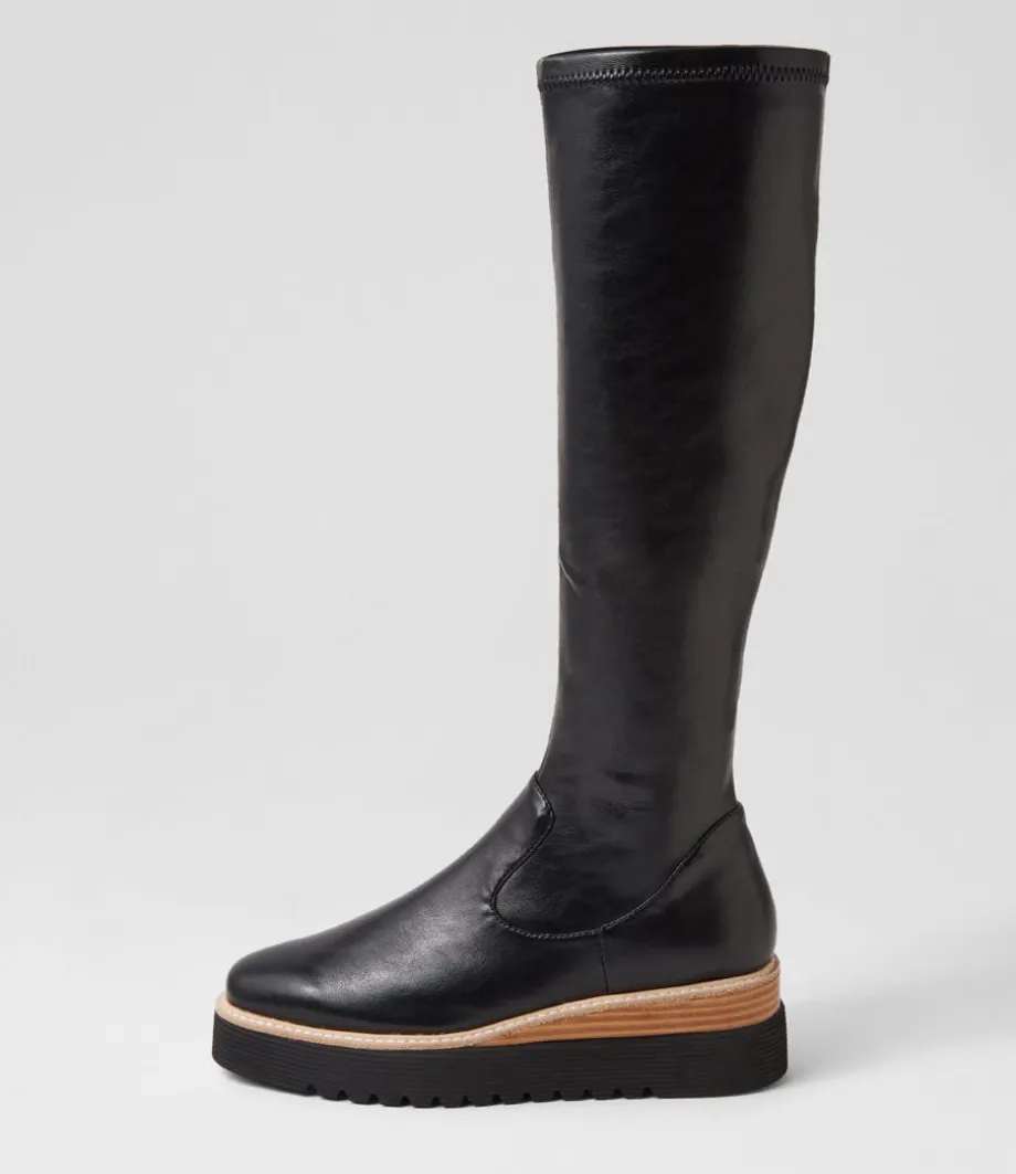 Udoe Black Natural Veneer Stretch Knee High Boots<TOP END Flash Sale