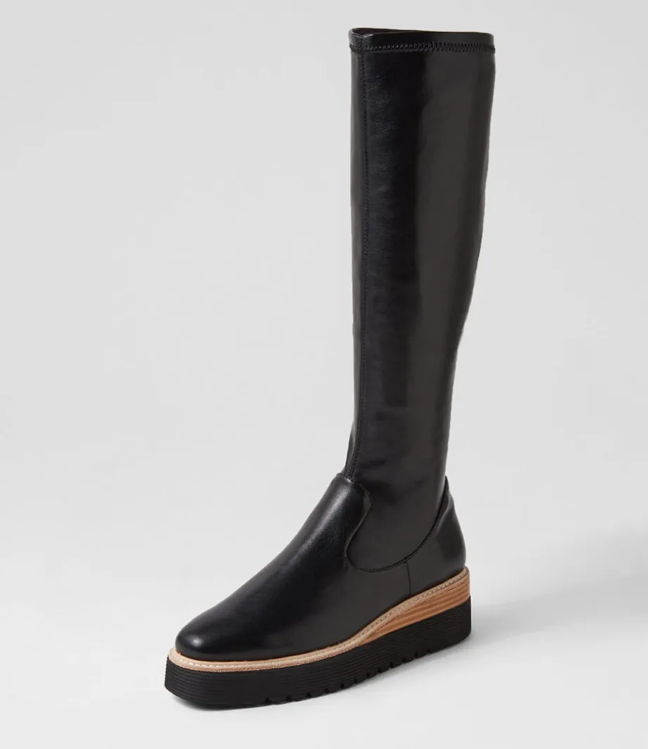 Udoe Black Natural Veneer Stretch Knee High Boots<TOP END Flash Sale