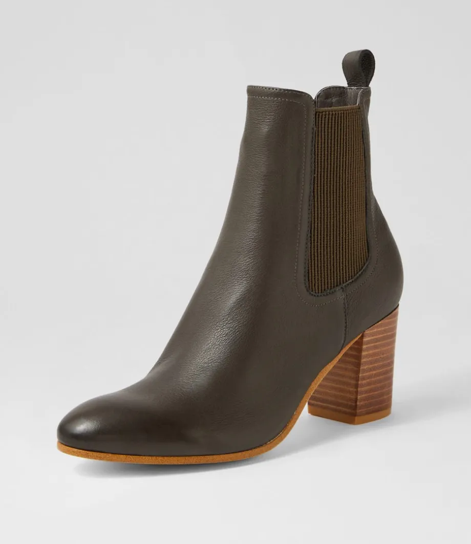 Usset Olive Elastic Leather Ankle Boots<TOP END Clearance