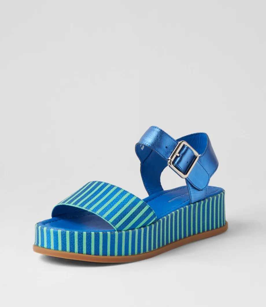 Wilburt Blue Emerald Stripe Leather Sandals<DJANGO & JULIETTE Clearance