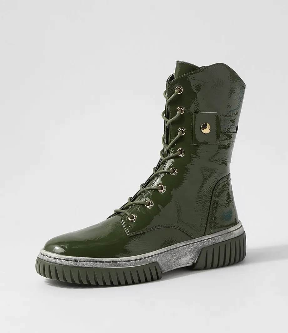 Yaintly Khaki White Patent Ankle Boots<DJANGO & JULIETTE Sale